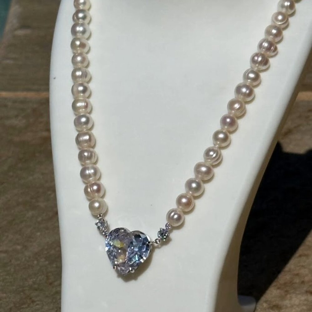 Charity Sale - THE LEGEND: Cultured Pearl & Diamonisse Heart Necklace